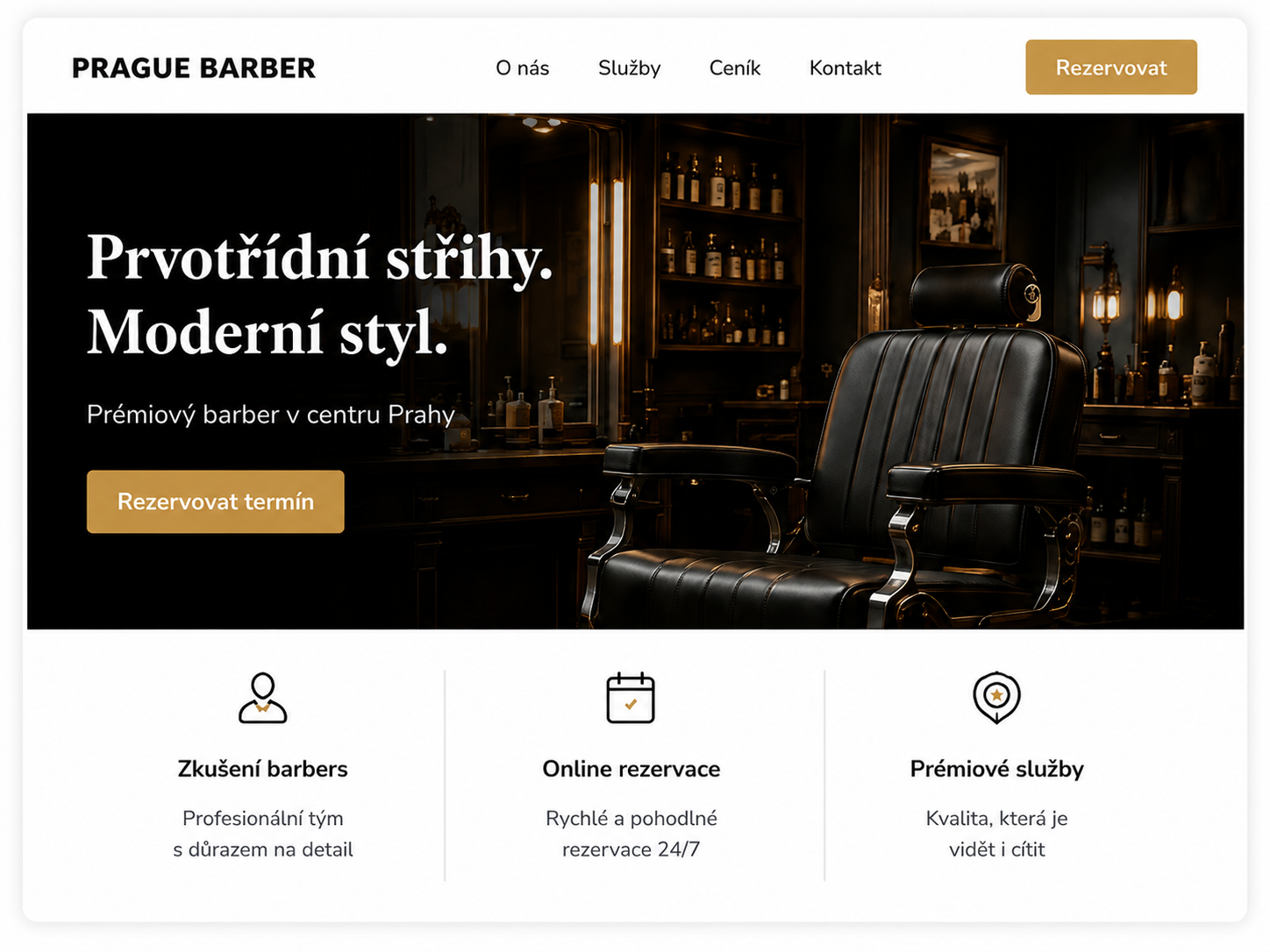 Ukázka webu pro Prague Barber — prémiový tmavý design s rezervací termínu