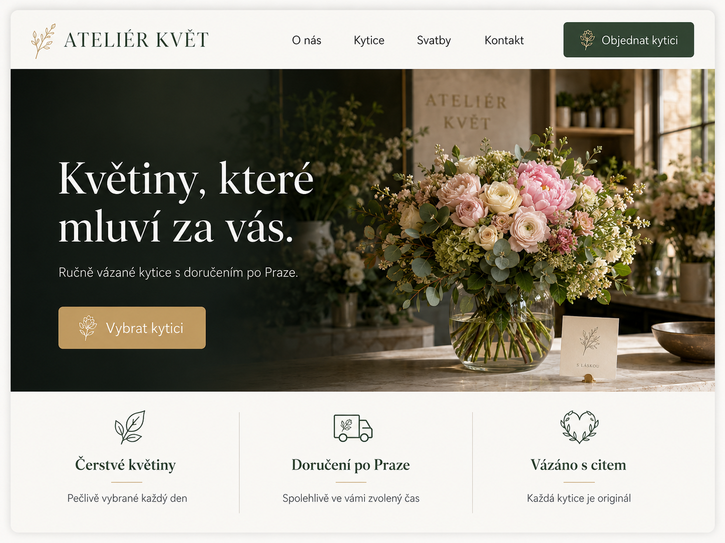 Ukázka webu pro květinářství Ateliér Květ — hero s kyticí a objednávkou online
